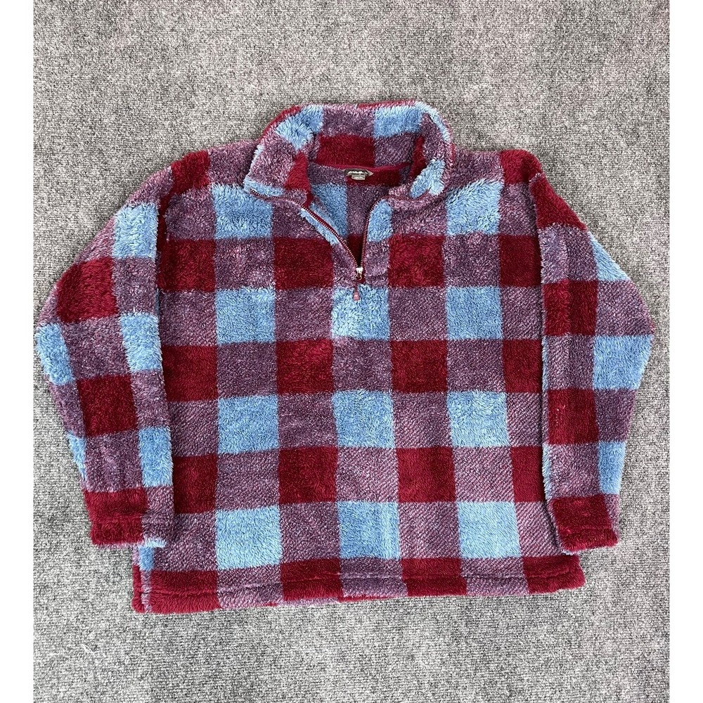 Eddie Bauer Womens Pullover Medium Red/Blue Plaid Sherpa Fleece 1/2 Zip Size XL